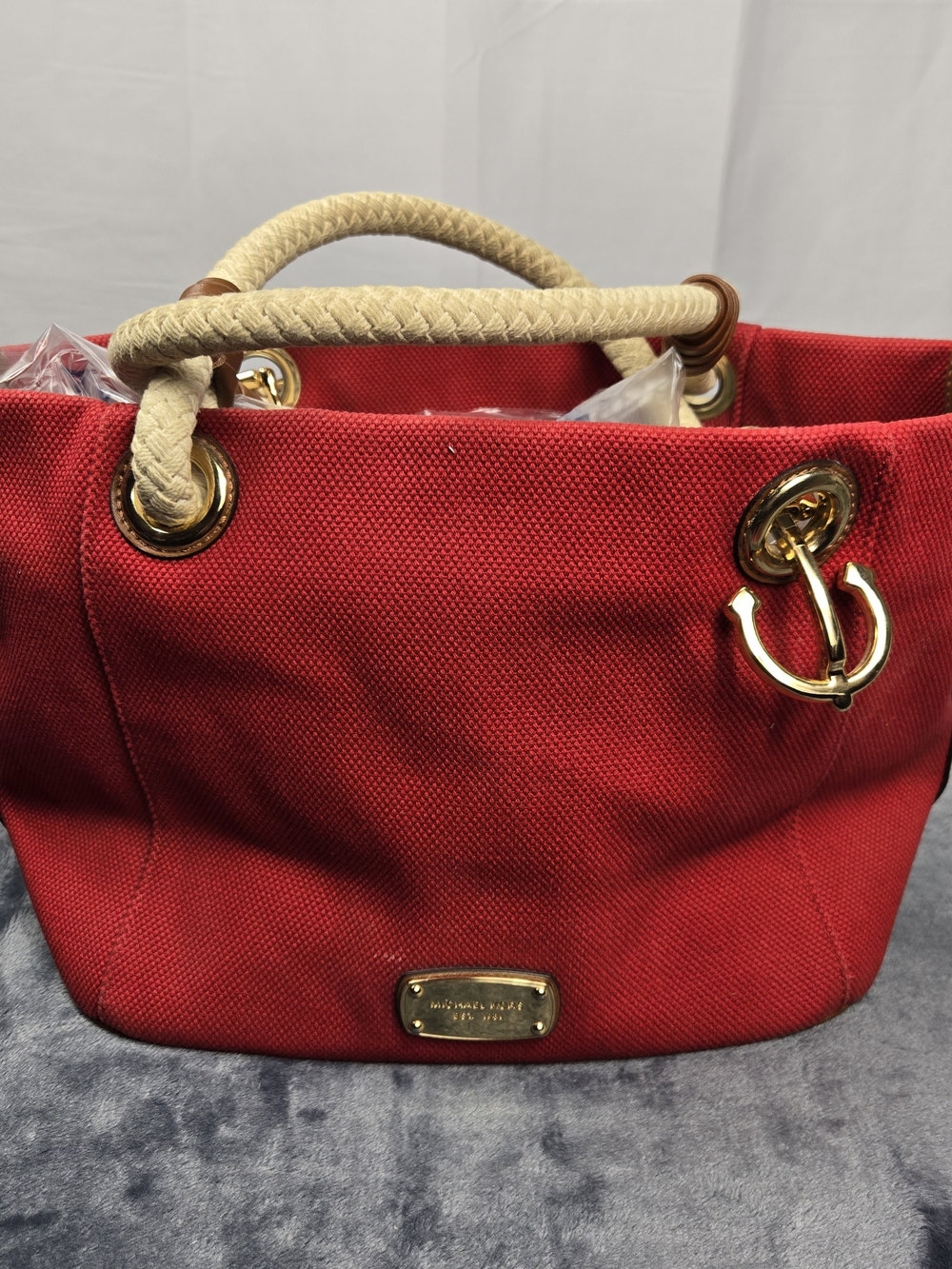 Michael Kors Red Canvas Tote with Rope Handles and Gold Hardware